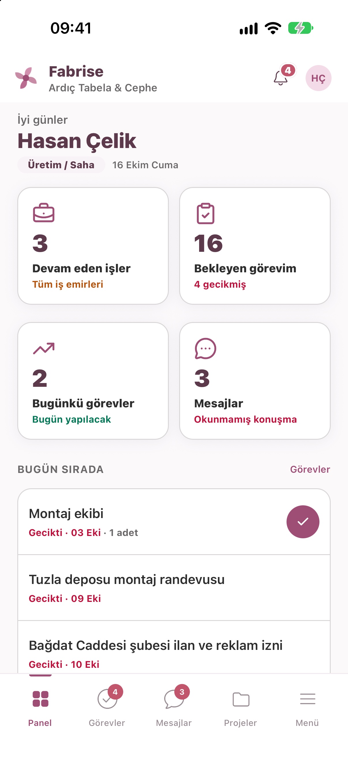Fabrise gerçek mobil uygulama paneli