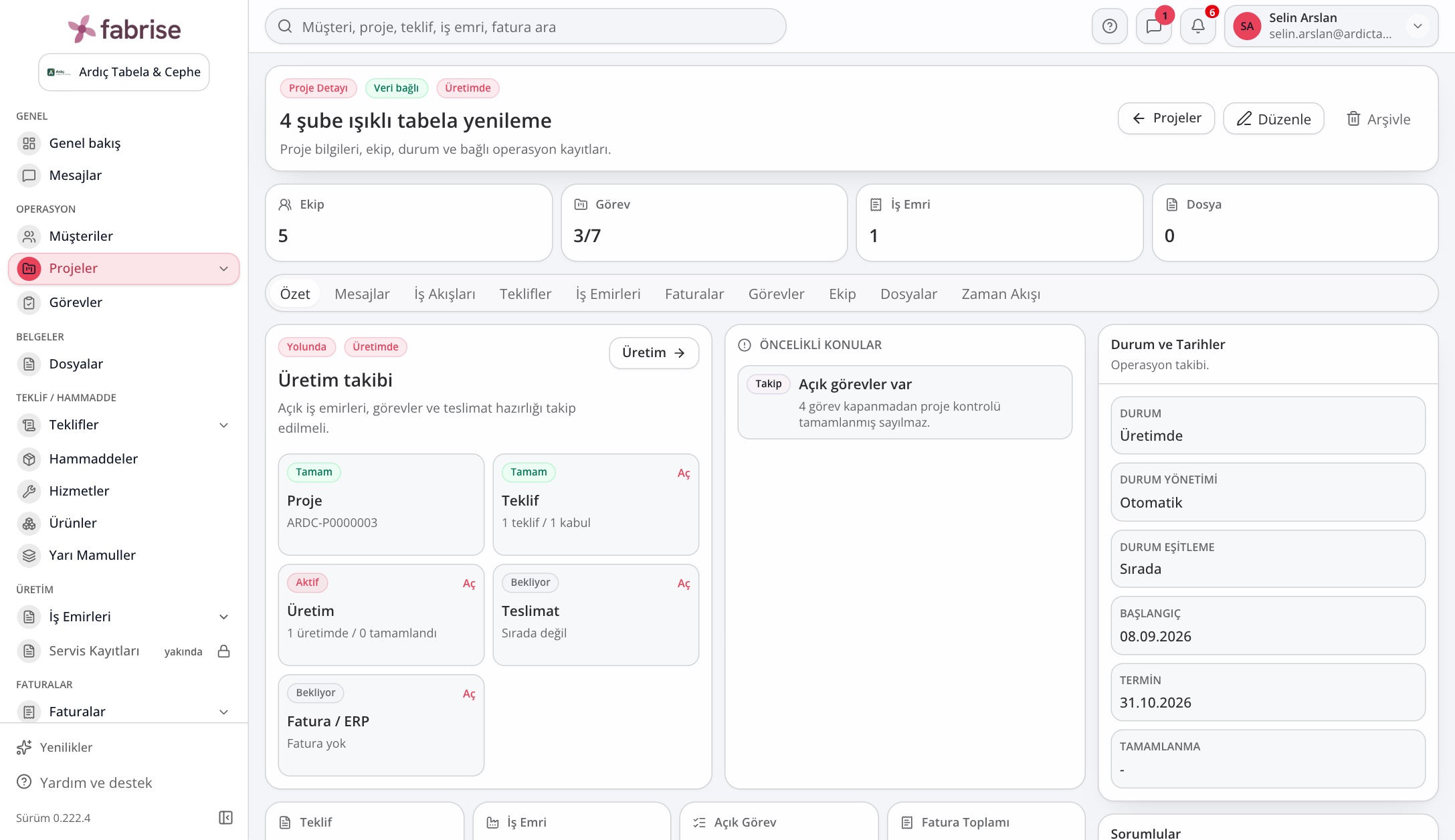 Fabrise gerçek web uygulaması ekranı